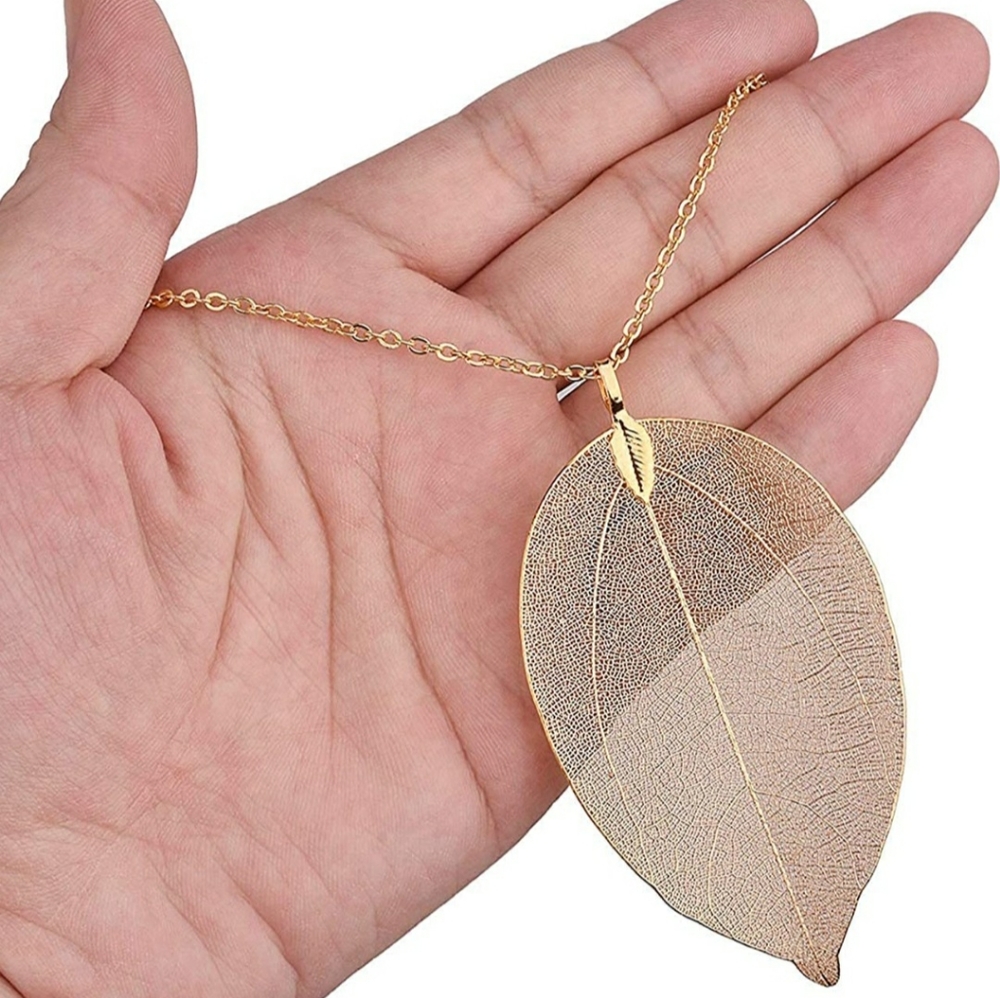 Long Gold Leaf Pendant Statement Necklace